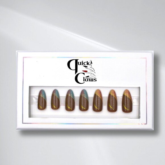 Fake nails Chocolate Brown Almond Press on Nails with Gold and Vibrant Tips - Picture 3 of 4